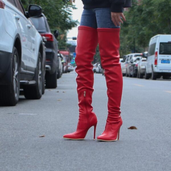 Women's heeled skinny elastic thigh high pointed toe boots sexy tall boots - Image 13