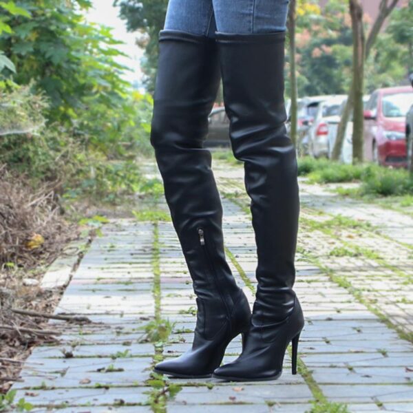 Women's heeled skinny elastic thigh high pointed toe boots sexy tall boots - Image 6