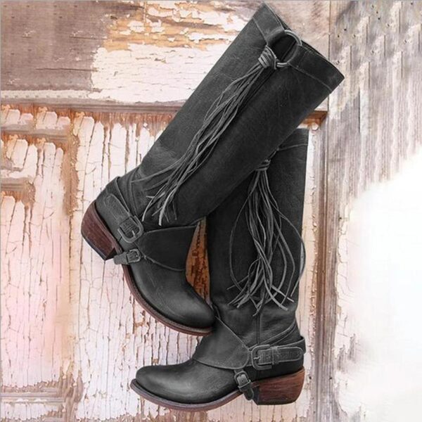 Women's knee high fringe boots low heel biker boots with tassels - Image 2