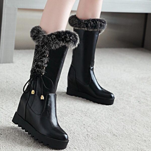 Women lace up faux fur chunky platform wedge winter mid calf boots - Image 4