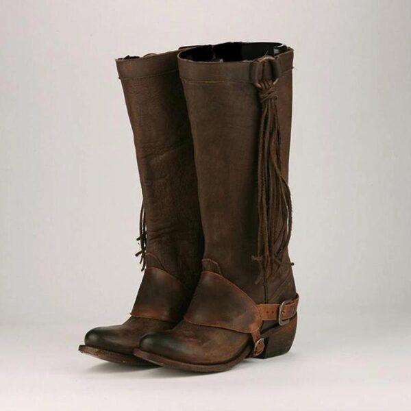 Women's knee high fringe boots low heel biker boots with tassels - Image 5