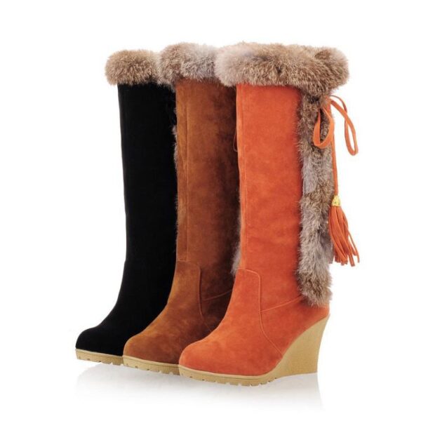 Women Keep Warm Lining Faux Fur Wedge High Heel Fringe Snow Boots - Image 5