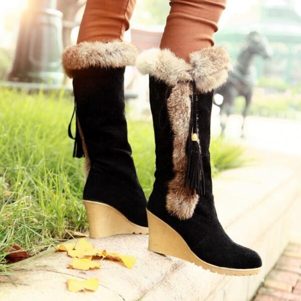 Women Keep Warm Lining Faux Fur Wedge High Heel Fringe Snow Boots - Image 3