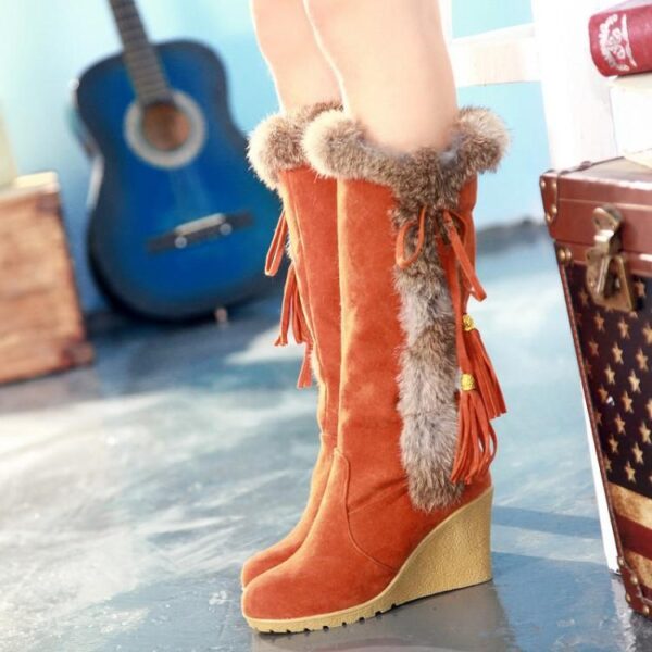 Women Keep Warm Lining Faux Fur Wedge High Heel Fringe Snow Boots - Image 8