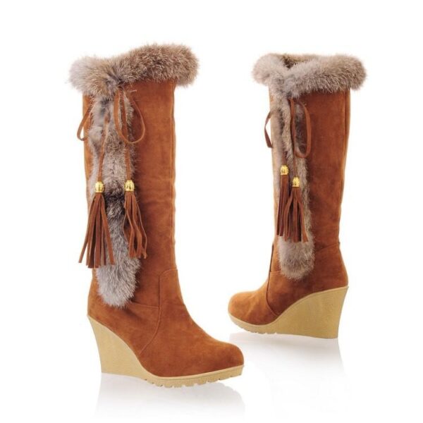 Women Keep Warm Lining Faux Fur Wedge High Heel Fringe Snow Boots - Image 4