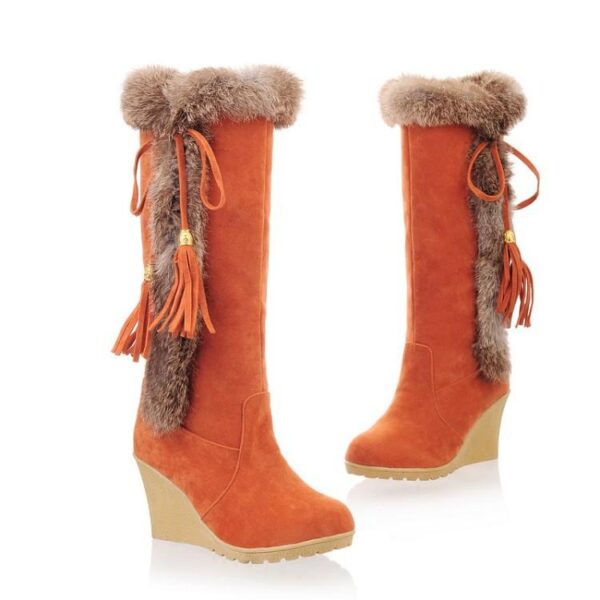 Women Keep Warm Lining Faux Fur Wedge High Heel Fringe Snow Boots - Image 6