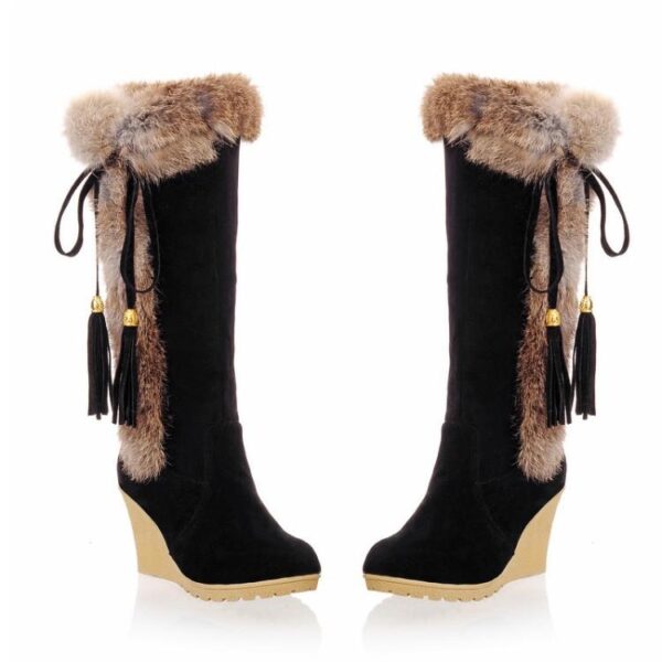 Women Keep Warm Lining Faux Fur Wedge High Heel Fringe Snow Boots - Image 2