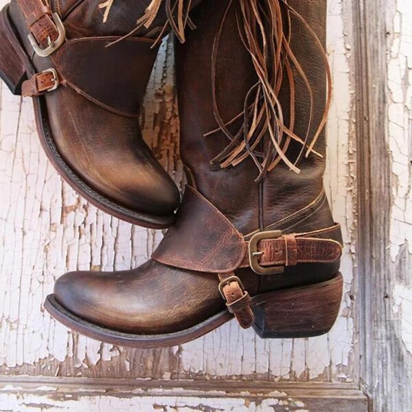 Women's knee high fringe boots low heel biker boots with tassels - Image 6