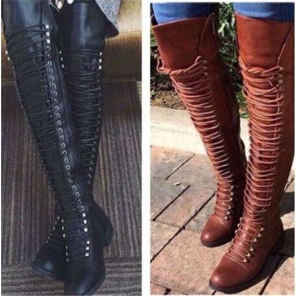 Over the knee combat boots thigh high motorcycle boots lace up tall boots for women - Image 2