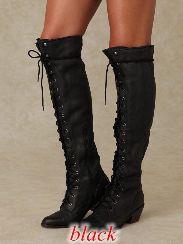Women's knee high lace-up boots with zipper chunky fashion long boots - Image 5