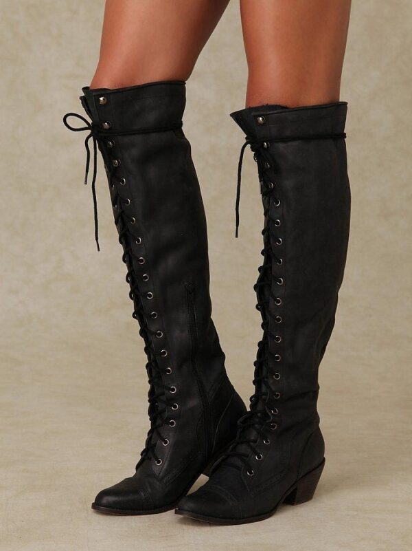 Women's knee high lace-up boots with zipper chunky fashion long boots - Image 2