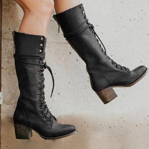 Women's knee high combat boots retro square block heel lace-up boots - Image 3
