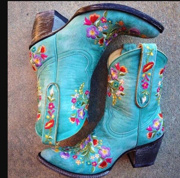Women's vintage flower embroidery ankle high cowboy boots pointed toe chunky low heel boots - Image 14