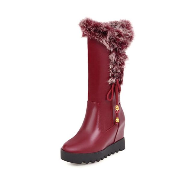 Women lace up faux fur chunky platform wedge winter mid calf boots - Image 9