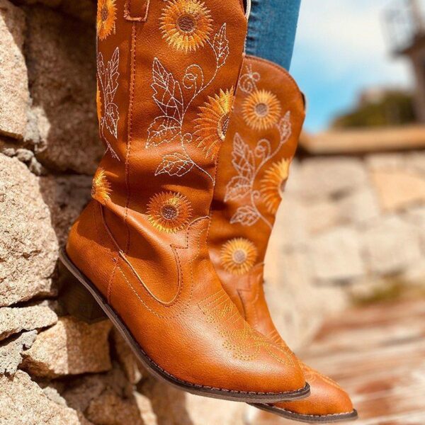 Women's ethnic floral embroidered cowboy boots mid calf pointed toe western boots - Image 4