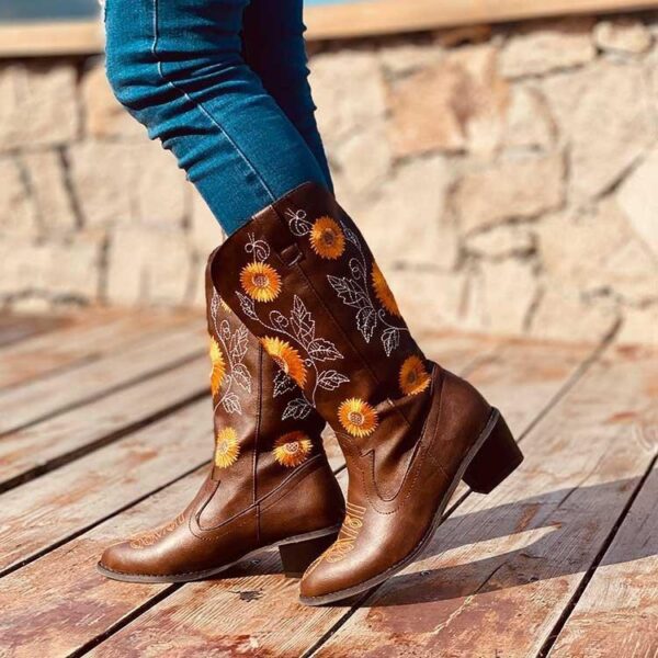 Women's ethnic floral embroidered cowboy boots mid calf pointed toe western boots - Image 8