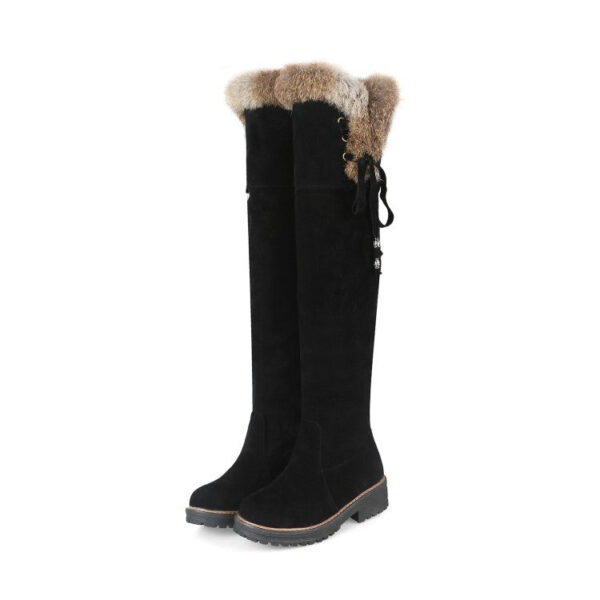 Faux suede plush lined over the knee boots with fuzzy trim - Image 11