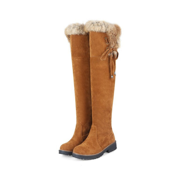 Faux suede plush lined over the knee boots with fuzzy trim - Image 4