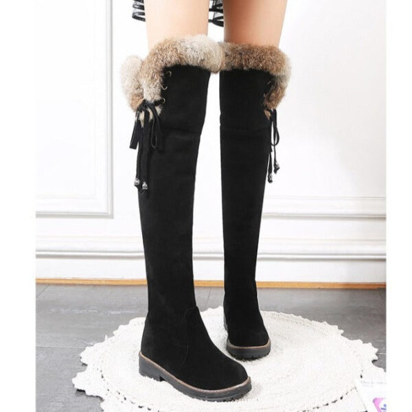 Faux suede plush lined over the knee boots with fuzzy trim - Image 12