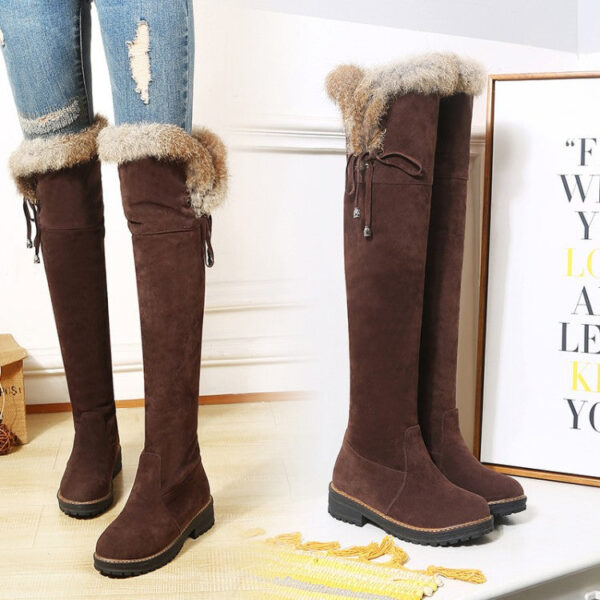 Faux suede plush lined over the knee boots with fuzzy trim - Image 18