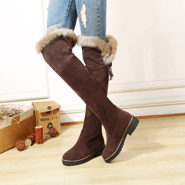 Faux suede plush lined over the knee boots with fuzzy trim - Image 15
