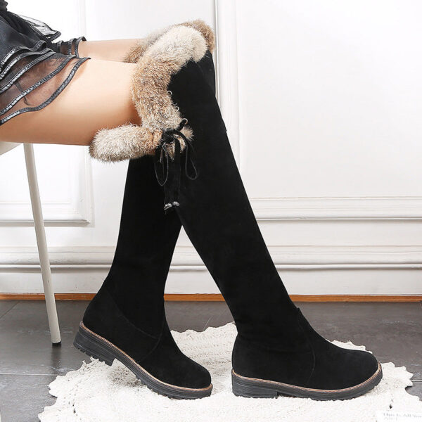 Faux suede plush lined over the knee boots with fuzzy trim - Image 14