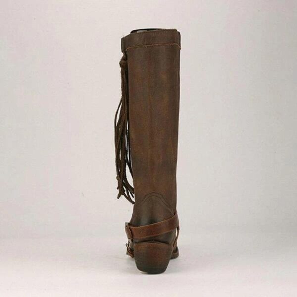 Women's knee high fringe boots low heel biker boots with tassels - Image 8
