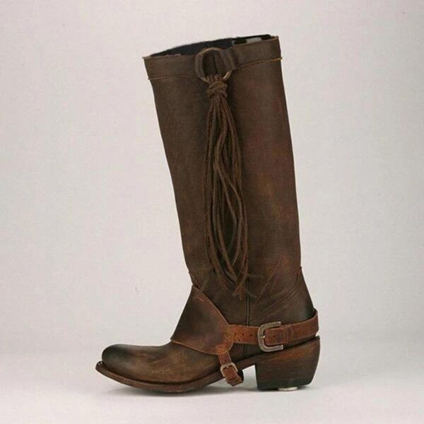 Women's knee high fringe boots low heel biker boots with tassels - Image 4
