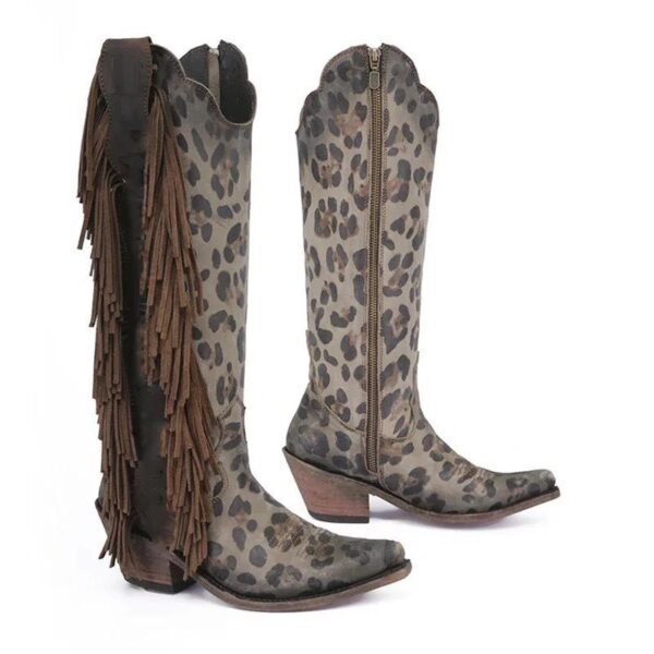 Women's knee high tassels cowboy boots pointed toe chunky block heel retro boots - Image 4