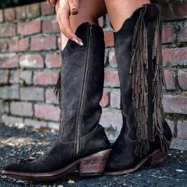 Women's knee high tassels cowboy boots pointed toe chunky block heel retro boots - Image 3