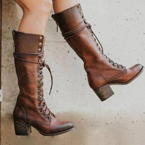 Women's knee high combat boots retro square block heel lace-up boots - Image 7