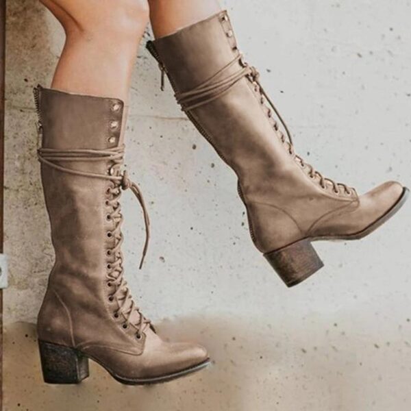 Women's knee high combat boots retro square block heel lace-up boots - Image 5