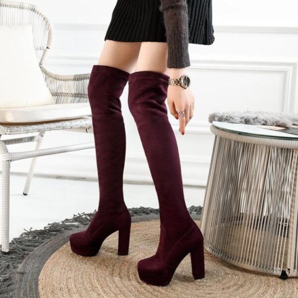 Women's suede stretch platform high heeled thigh high boots sexy tall boots for winter - Image 13