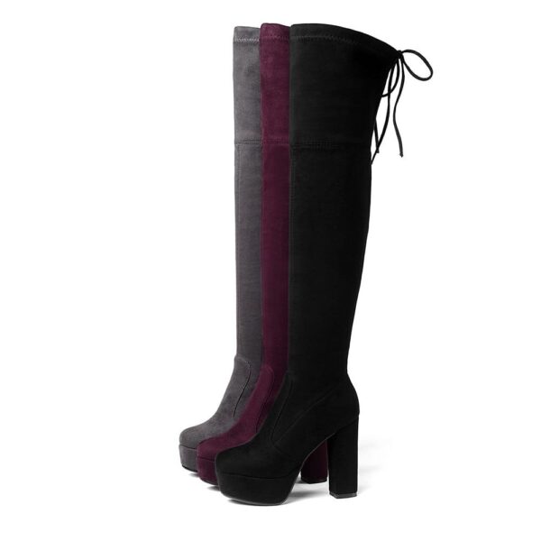 Women's suede stretch platform high heeled thigh high boots sexy tall boots for winter - Image 28