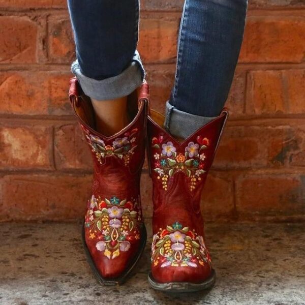 Women's vintage flower embroidery ankle high cowboy boots pointed toe chunky low heel boots - Image 5