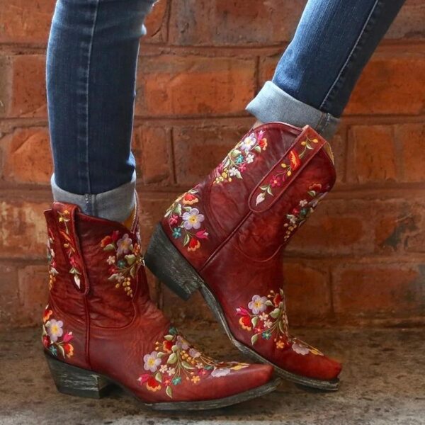 Women's vintage flower embroidery ankle high cowboy boots pointed toe chunky low heel boots - Image 4
