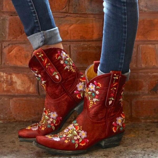 Women's vintage flower embroidery ankle high cowboy boots pointed toe chunky low heel boots - Image 2