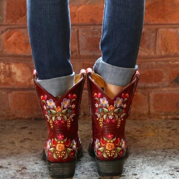 Women's vintage flower embroidery ankle high cowboy boots pointed toe chunky low heel boots - Image 3