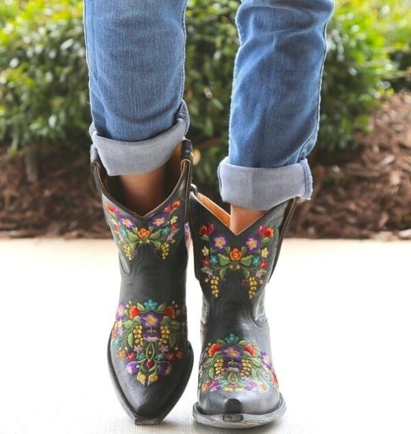 Women's vintage flower embroidery ankle high cowboy boots pointed toe chunky low heel boots - Image 9