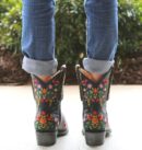 Women's vintage flower embroidery ankle high cowboy boots pointed toe chunky low heel boots