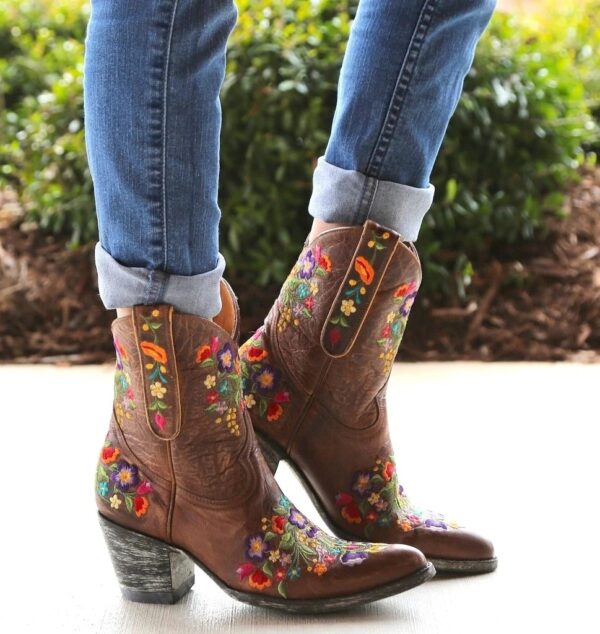 Women's vintage flower embroidery ankle high cowboy boots pointed toe chunky low heel boots - Image 13