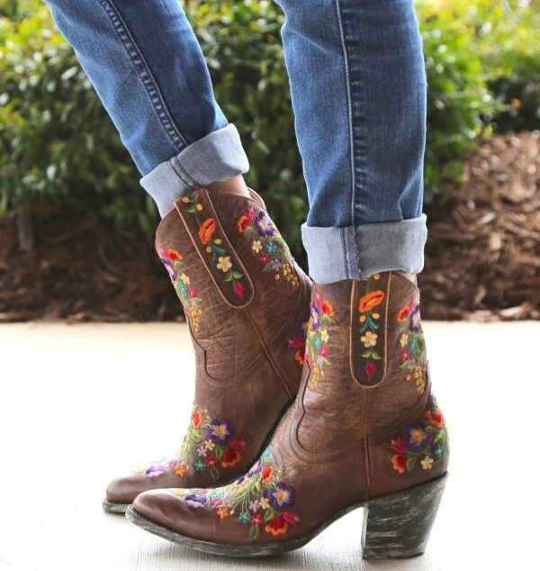 Women's vintage flower embroidery ankle high cowboy boots pointed toe chunky low heel boots - Image 11