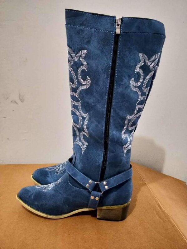 Women's knee high blue cowboy boots floral embroidery pointed toe western boots with zipper - Image 3