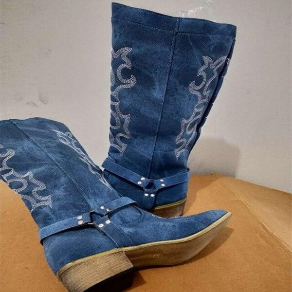 Women's knee high blue cowboy boots floral embroidery pointed toe western boots with zipper - Image 2
