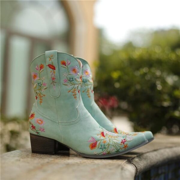Women's vintage flower embroidery ankle high cowboy boots pointed toe chunky low heel boots - Image 20