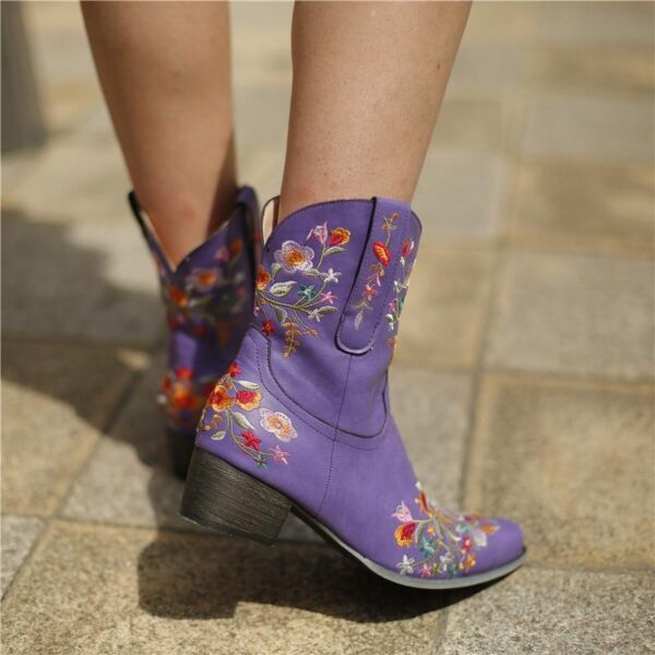 Women's vintage flower embroidery ankle high cowboy boots pointed toe chunky low heel boots - Image 18