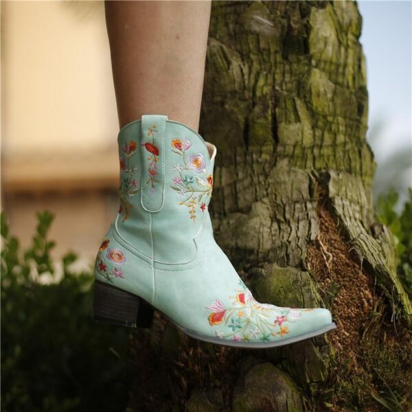 Women's vintage flower embroidery ankle high cowboy boots pointed toe chunky low heel boots - Image 19