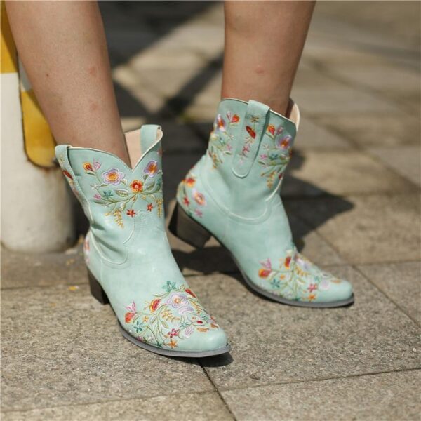 Women's vintage flower embroidery ankle high cowboy boots pointed toe chunky low heel boots - Image 21