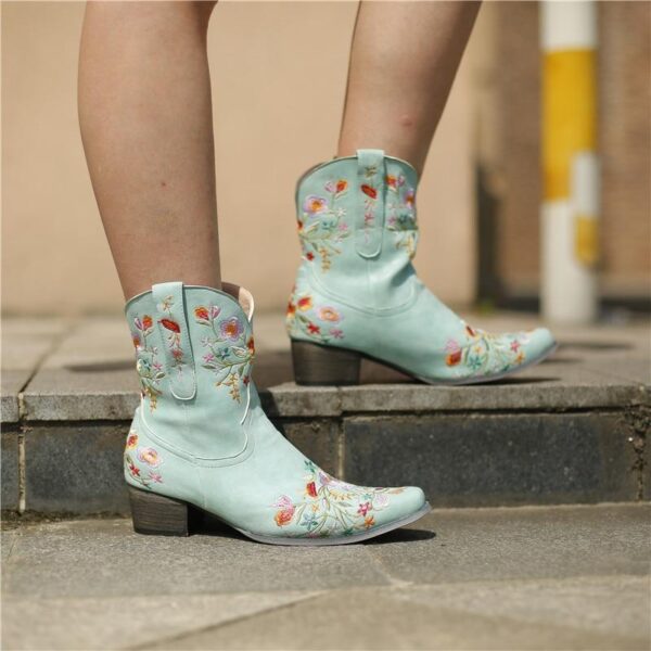 Women's vintage flower embroidery ankle high cowboy boots pointed toe chunky low heel boots - Image 22