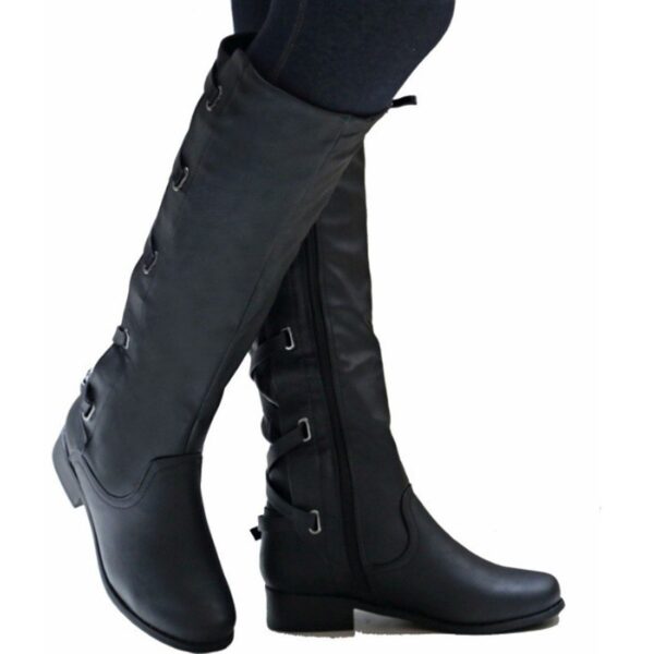 Knee high women's motorcycle boots low heel tall boots with zipper back lace-up boots - Image 6